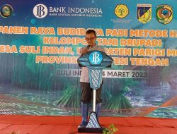 Asisten II Ir. Lewis baca Sambutan Bupati Parimo dikegiatan Panen raya Padi Metode Haston desa Suli Indah